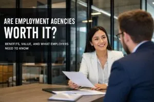Employment agency recruiter meeting with a hiring manager to discuss qualified candidates and faster hiring solutions.