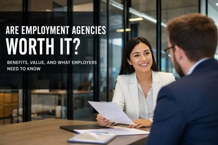 Employment agency recruiter meeting with a hiring manager to discuss qualified candidates and faster hiring solutions.