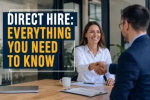 Direct hire recruiting interview between hiring manager and job candidate in a professional office