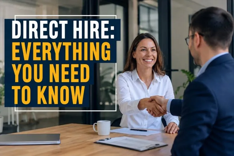 Direct hire recruiting interview between hiring manager and job candidate in a professional office