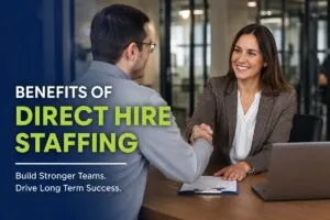 Hiring manager and recruiter shaking hands during a direct hire staffing interview for permanent CAD and IT support recruitment.