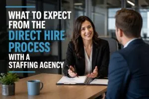 Hiring manager and recruiter reviewing candidates during the direct hire process with a staffing agency for permanent hiring.