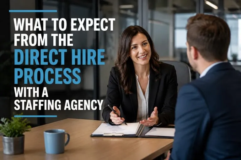 Hiring manager and recruiter reviewing candidates during the direct hire process with a staffing agency for permanent hiring.
