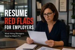 Hiring manager reviewing a resume to identify resume red flags during the direct hire candidate screening process.