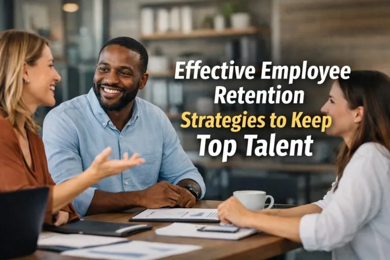 HR professionals discussing effective employee retention strategies to keep top talent in a corporate office setting at Tier2Tek Staffing.
