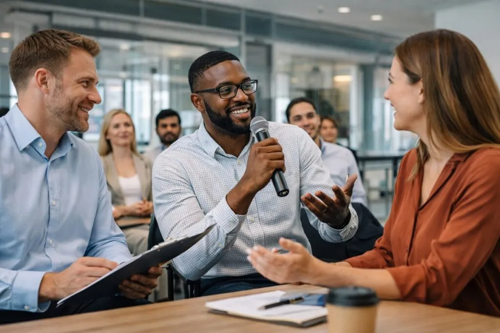 Corporate team meeting focused on employee engagement through communication and retention strategies at Tier2Tek Staffing.