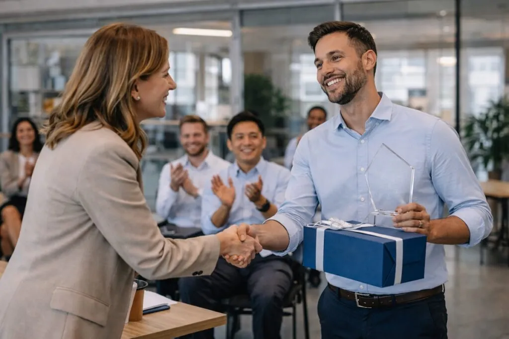 Employee recognition ceremony highlighting rewards and retention strategies at Tier2Tek Staffing corporate office.