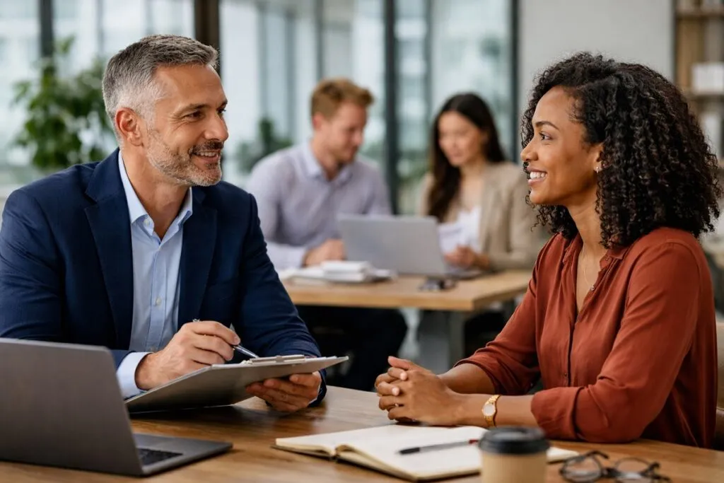 Manager conducting a one on one meeting to strengthen leadership effectiveness and improve employee retention at Tier2Tek Staffing.