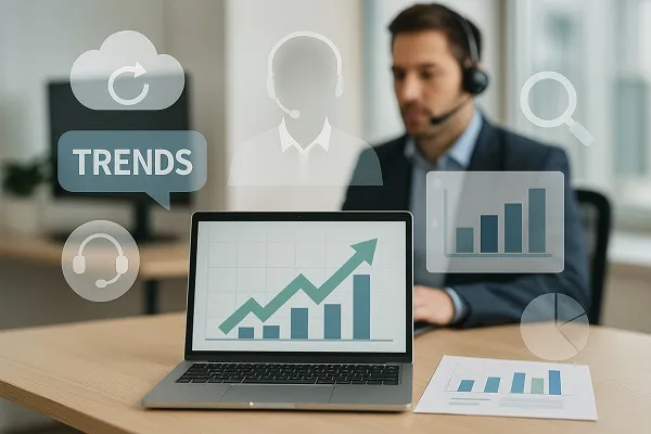 Laptop displaying growth chart with IT staffing trend icons overlaid, and an IT professional working in the background.