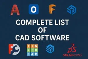 Logos of popular CAD software tools surrounding the title “Complete List of CAD Software” on a dark blue background.