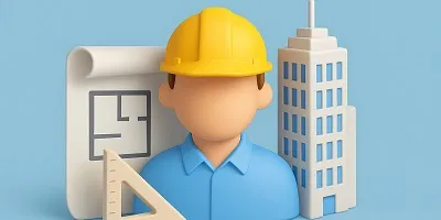 Architecture Industry Icon Tier2Tek Staffing Architecture industry icon displaying a 3D architect with a yellow hard hat, blueprint, building, and triangular ruler on a light blue background.