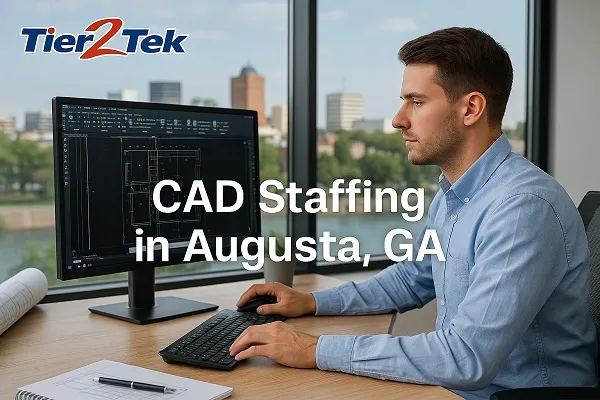 CAD drafter working at a desk in Augusta, GA with city view, placed by Tier2Tek Staffing