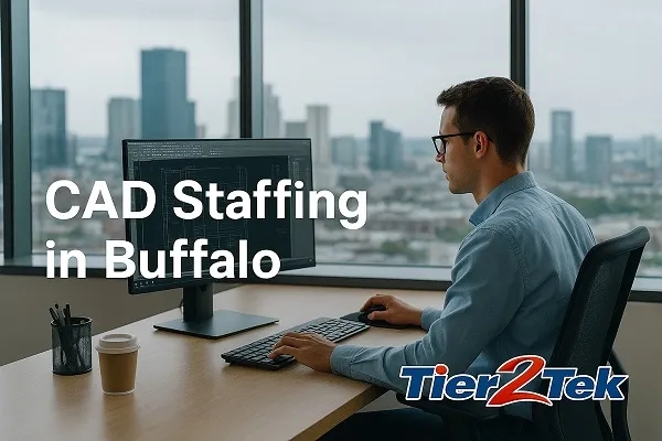 CAD professional working in a modern office in Buffalo with Tier2Tek Staffing branding.