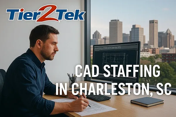 CAD drafter working at a desk with Charleston skyline in the background for Tier2Tek Staffing