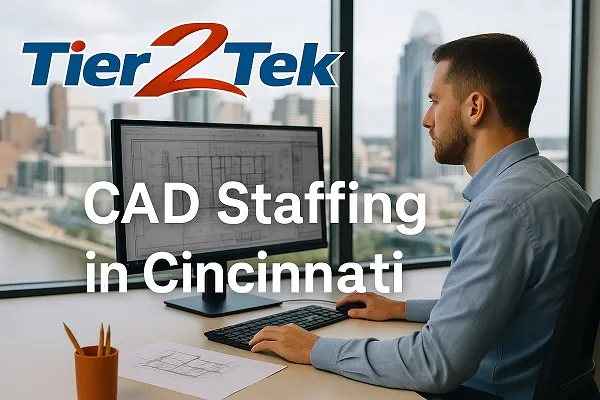 CAD professional working in a modern office overlooking Cincinnati, supported by Tier2Tek Staffing’s CAD staffing services.