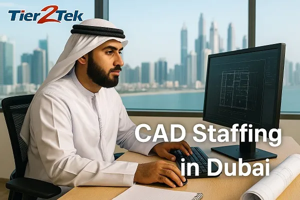 Professional CAD drafter working at a computer with Dubai skyline in the background, provided by Tier2Tek Staffing.