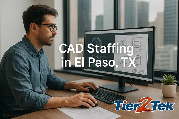 CAD drafter working at a desk with city view in El Paso, TX