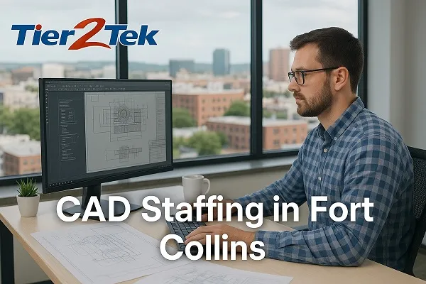 Professional CAD drafter working in an office with Fort Collins cityscape in background, representing CAD staffing by Tier2Tek Staffing.