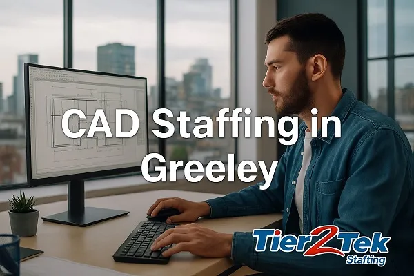 CAD professional working at office desk in Greeley with Tier2Tek Staffing logo