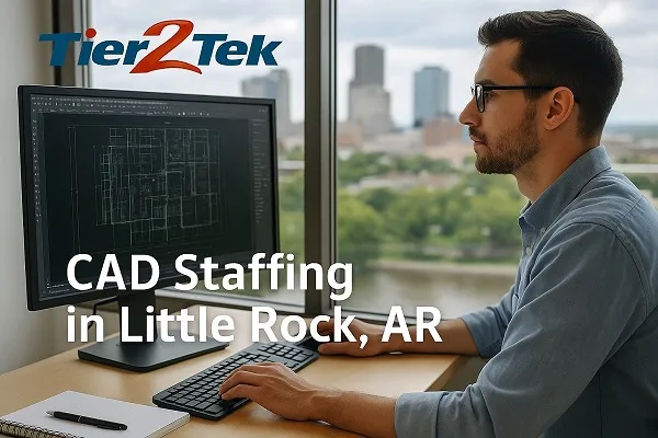 CAD technician working at a desk with the Little Rock, AR skyline in the background