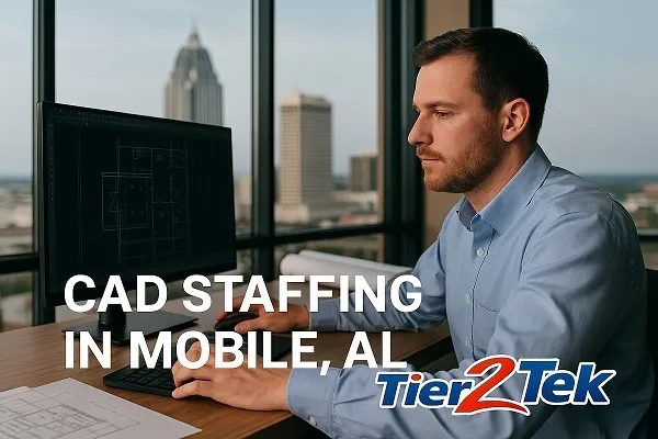 CAD technician working at a computer with Mobile, AL skyline in the background – Tier2Tek Staffing