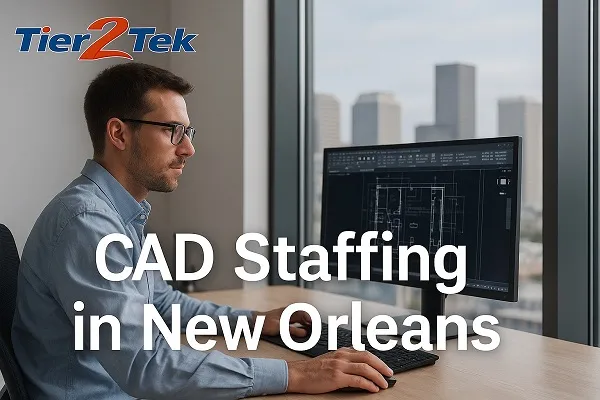 CAD professional working at a desk with New Orleans skyline in the background for Tier2Tek Staffing