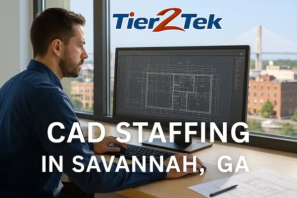 CAD professional working at a computer with city skyline in Savannah, GA