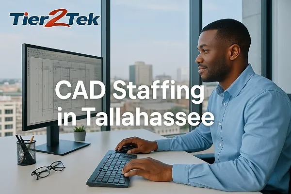 CAD professional working at a desk with drafting software, representing Tier2Tek Staffing's CAD staffing services in Tallahassee.