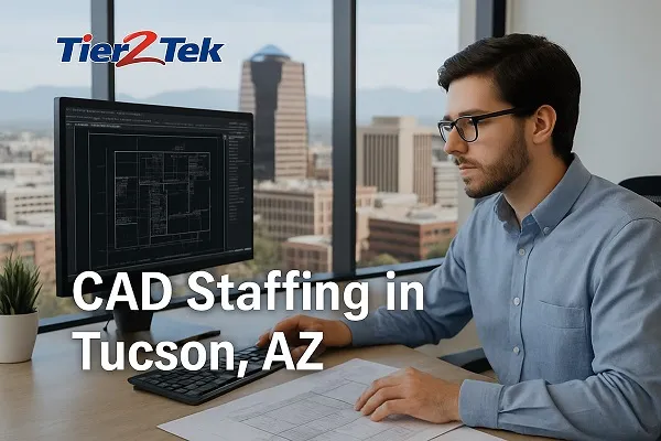 CAD professional working in office with Tucson skyline in background for Tier2Tek Staffing.
