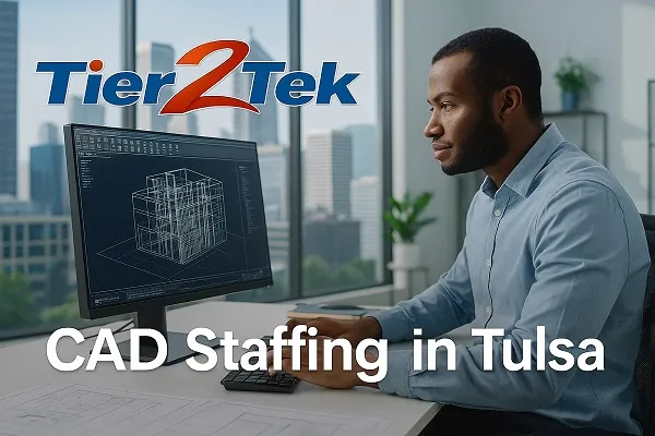CAD professional working at an office desk with Tulsa city skyline in the background for Tier2Tek Staffing.