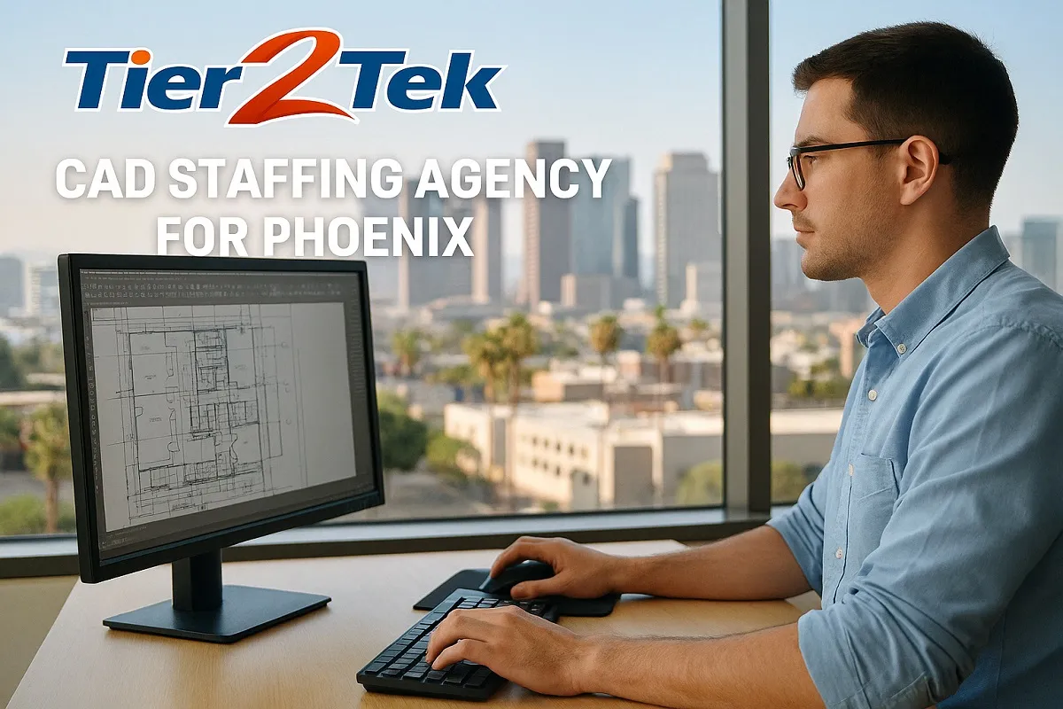 CAD drafter working at a computer with Phoenix skyline in the background – Tier2Tek Staffing