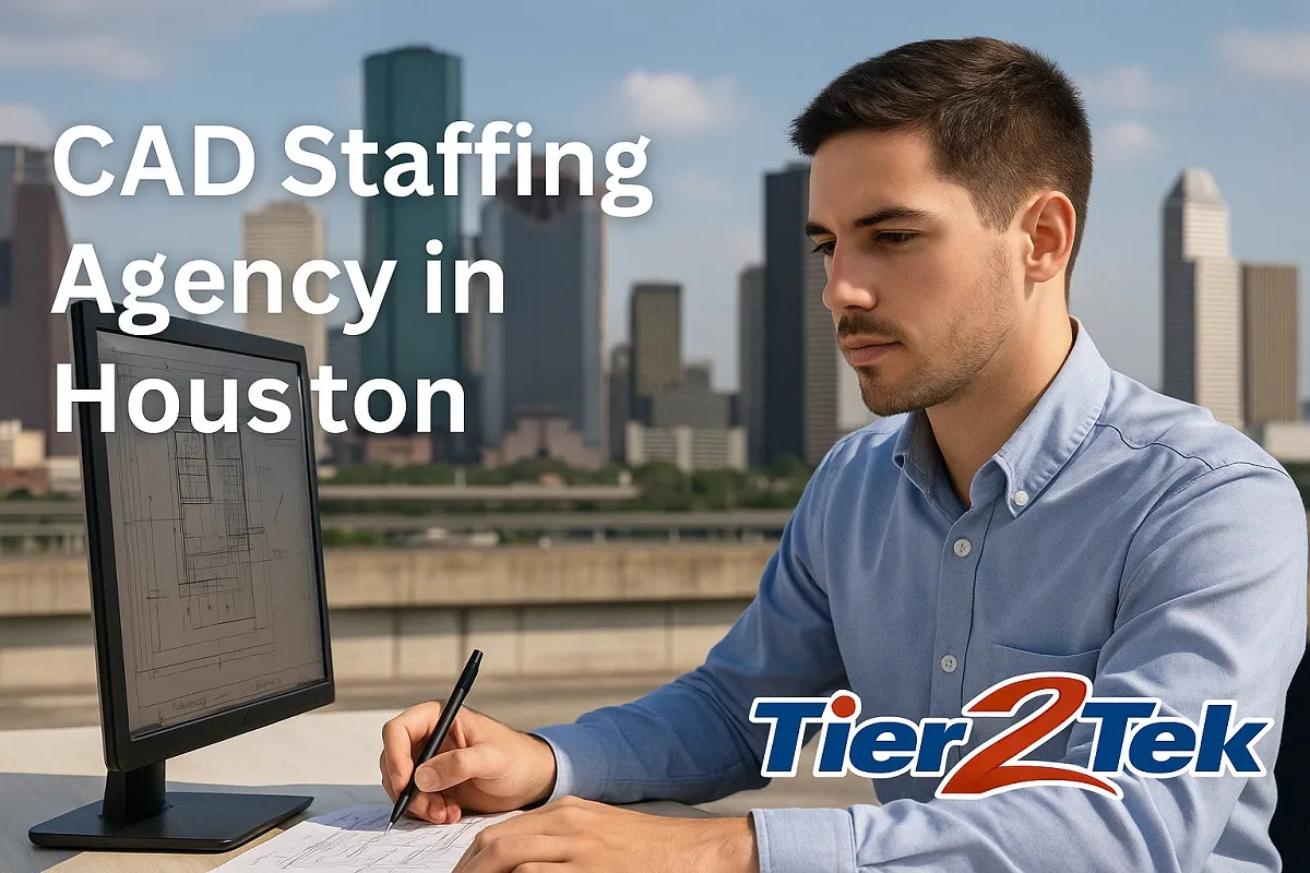 CAD professional working on architectural plans with Houston skyline in background – Tier2Tek Staffing