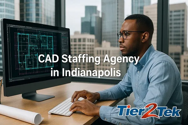 CAD professional working at a desk with Indianapolis skyline in the background, provided by Tier2Tek Staffing