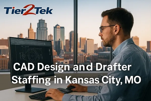 CAD designer working in an office with Kansas City skyline in the background