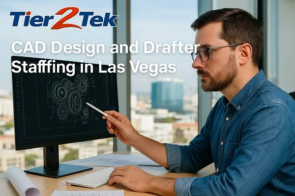 CAD drafter working at desk in modern Las Vegas office with Tier2Tek Staffing logo