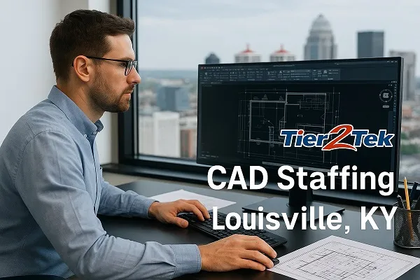 CAD drafter working at a computer in an office with the Louisville skyline in the background