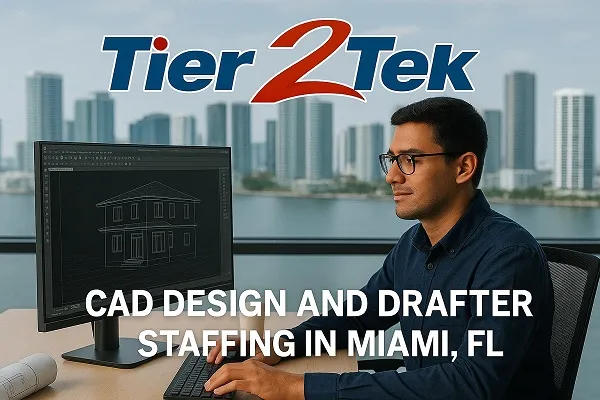 CAD drafter working on design project with Miami skyline in background at Tier2Tek Staffing office.