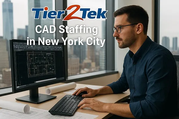 CAD drafter working in modern office with New York City skyline in the background