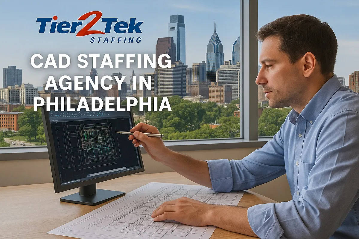 CAD technician working on AutoCAD with Philadelphia skyline in background – Tier2Tek Staffing