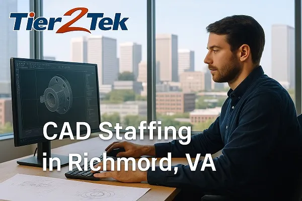 CAD drafter working at a computer in a modern Richmond, VA office with city skyline in the background, representing CAD staffing services by Tier2Tek Staffing.