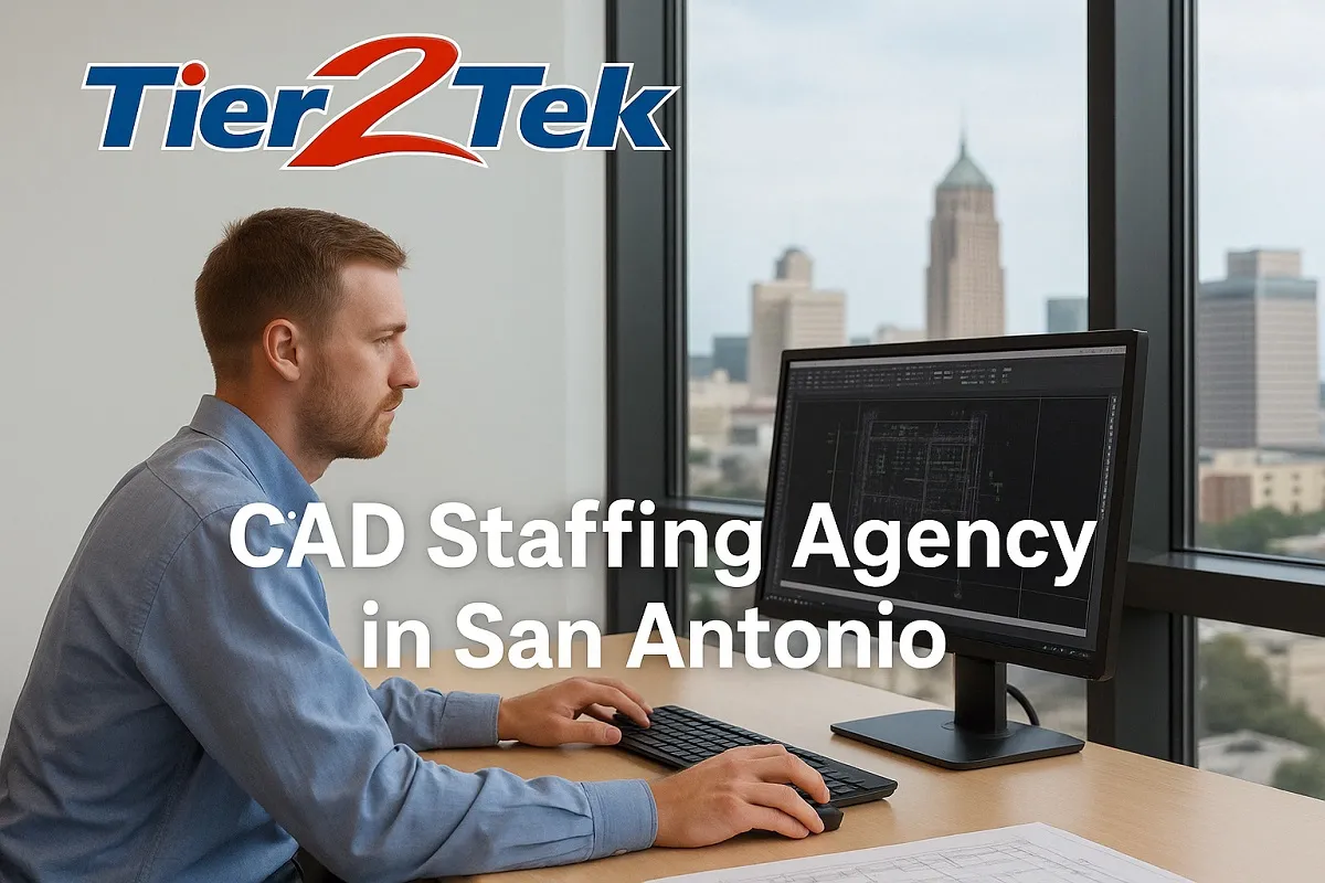 CAD drafter working in modern office with San Antonio skyline through window – Tier2Tek Staffing