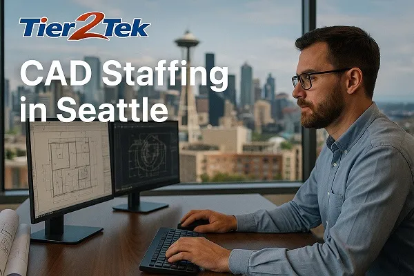 CAD professional working at a desk in a Seattle office with skyline view, representing CAD staffing by Tier2Tek Staffing