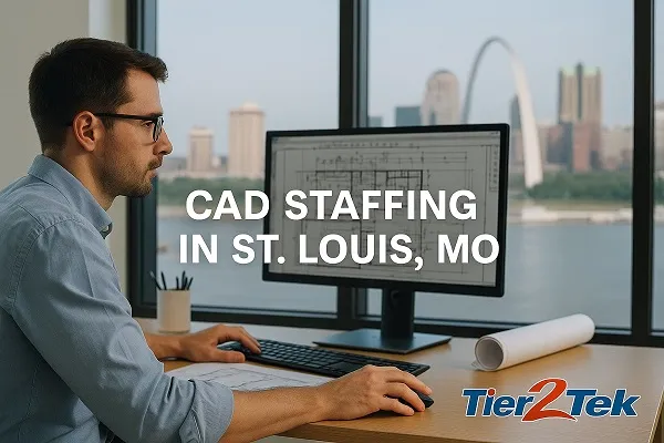 CAD drafter working in modern St. Louis office with computer showing architectural plans