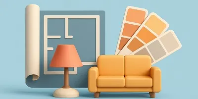Interior Design Industry Icon Tier2Tek Staffing Interior Design industry icon featuring a 3D yellow couch, color swatch fan, floor plan blueprint, and modern lamp on a light blue background.