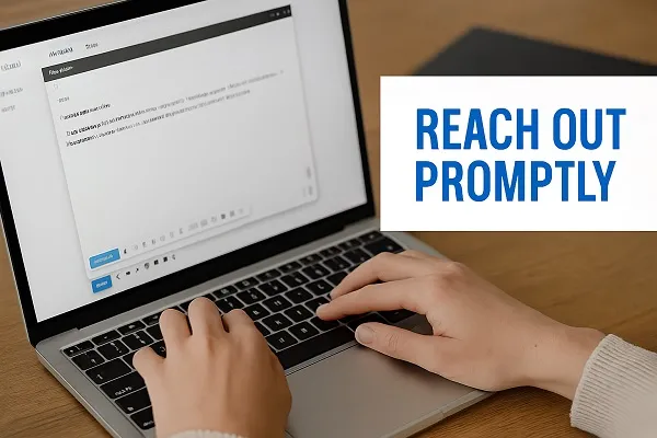 Hands typing an email on a laptop to follow up after a missed interview, illustrating Tier2Tek Staffing’s guidance to communicate quickly and professionally.