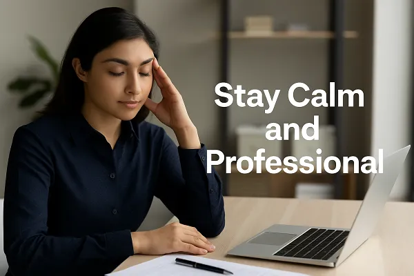 Professional woman practicing calmness at her desk after a missed interview, with a guide by Tier2Tek Staffing emphasizing how to stay composed.