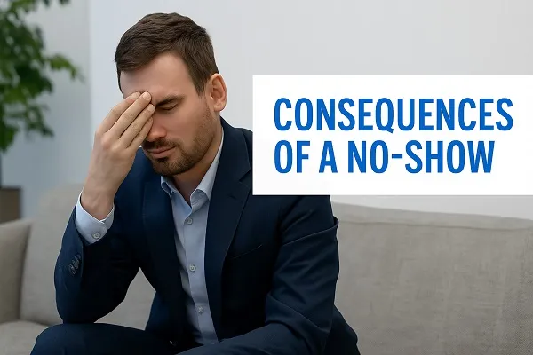 Stressed professional in a suit reflecting on the consequences of missing an interview, aligned with Tier2Tek Staffing’s advice on handling no-shows.