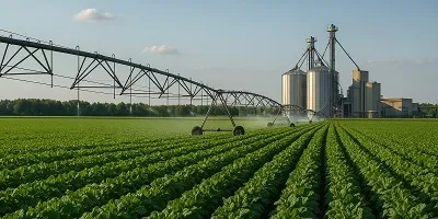 Agriculture & Food Production Industry Icon Expansive farmland with green crops in neat rows, a large center-pivot irrigation system in action, and a distant food processing plant, depicting agriculture and food production.