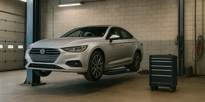 Automotive Industry Icon Tier2Tek Staffing - Image of a silver sedan elevated on a hydraulic lift in an automotive repair shop, representing the automotive industry's manufacturing and maintenance sector.