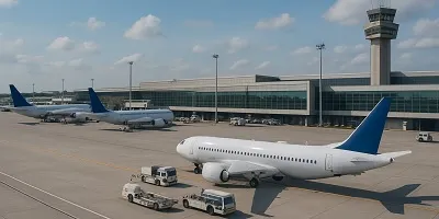 Aviation & Airlines Industry Icon Tier2Tek Staffing visual of a modern airport tarmac with passenger airplanes at gates, jet bridges, control tower, and ground support vehicles, representing aviation and airline workforce solutions.